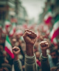 a clenched fist against the backdrop of the Iranian flag