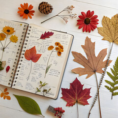 An autumn-themed flat lay featuring an open notebook, delicately pressed flowers