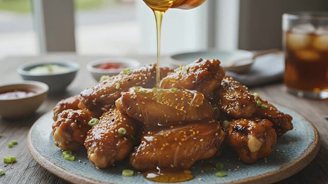 A captivating close-up shot showcases a generous pile of glistening, golden-brown chicken pieces, beautifully arranged on a rustic plate. A rich, amber-colored sauce, possibly honey glaze, is slowly d