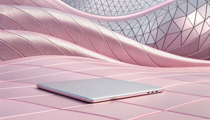 Futuristic Tech Setup Laptop on Dynamic Pink Abstract Platform