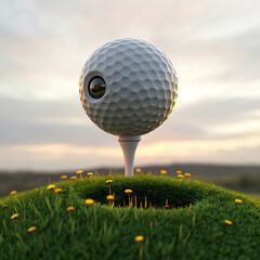 Golf Ball with Camera Lens on Green Hill