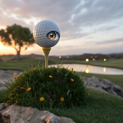 Golf Ball with Eye on Tee at Sunset