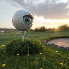 Surreal Golf Ball with Watching Eye on Green at Sunset