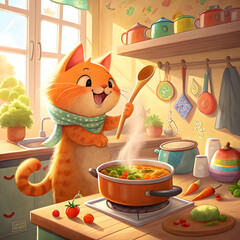 A cheerful orange cat cooking soup with fresh vegetables