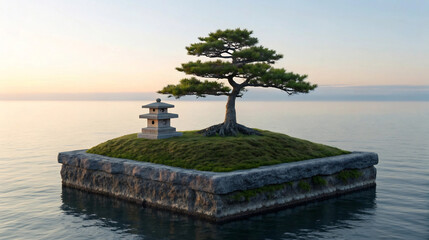 Serene Floating Island with Bonsai Tree and Pagoda