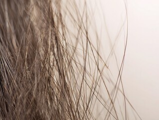 Close-up of dry thin hair strands, visible lack of moisture, slight frizz and uneven texture