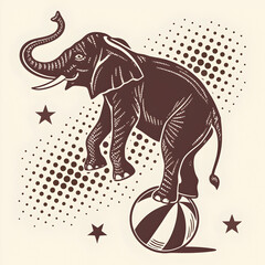 Halftone grunge vector design of a circus elephant balancing on a ball
