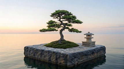 Tranquil Island Scene with Bonsai and Lantern on Calm Water