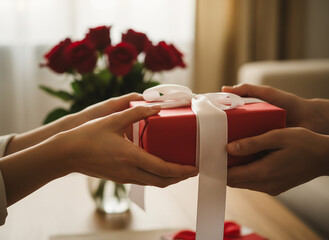 Wręczanie czerwonego prezentu walentynkowego, zbliżenie na dłonie © Kuba Petrymusz