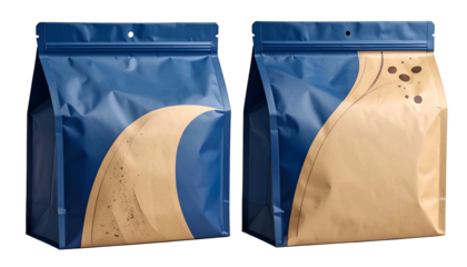 Two standing, packaged coffee bean bags with blue and brown design