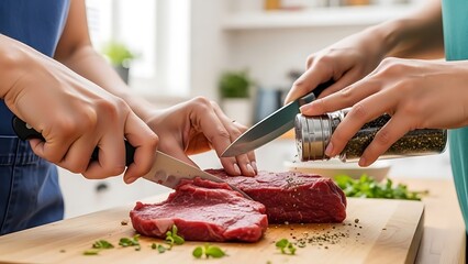 Close-up of Hands Preparing Fresh British Beef, Slicing or Seasoning on a Wooden Cutting Board in a Bright Modern Kitchen