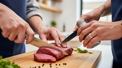 Close-up of Hands Preparing Fresh British Beef, Slicing or Seasoning on a Wooden Cutting Board in a Bright Modern Kitchen