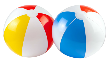 Two colorful beach balls with various colored panels, isolated on a solid background
