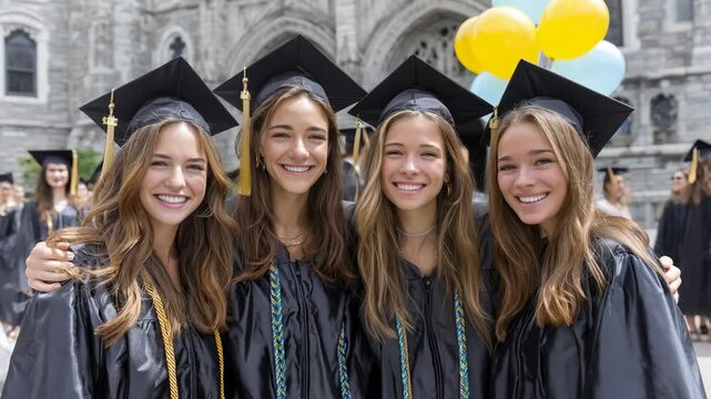 Group of happy female graduates in caps and gowns smiling and posing together at graduation ceremony outside
