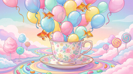 Whimsical celebration with balloons rising from a teacup among pastel clouds, dreamy party illustration full of joy, fantasy atmosphere and soft hues