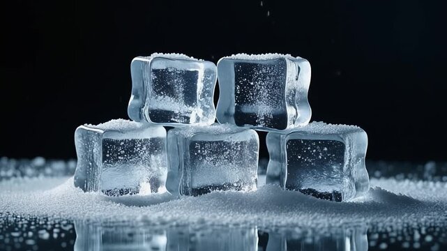 Water splashing over ice cubes in slow motion, refreshing footage highlighting cold and purity.