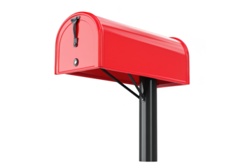 A bright red mailbox mounted on a black post isolated on transparent background