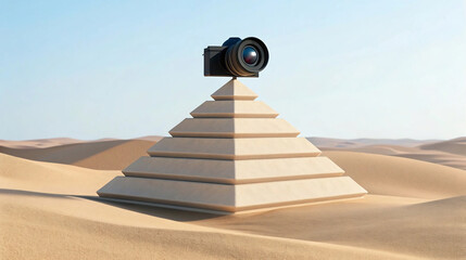 Digital camera resting on a symbolic pyramid in a desert landscape