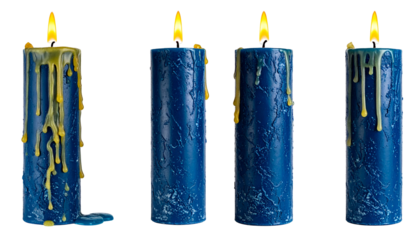 Four blue, burning candles with varying wax drips on a black backdrop