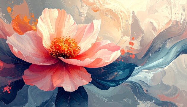 Watercolor peony flower blooming in abstract fluid art with vibrant pink and orange hues on textured canvas - Powered by Adobe