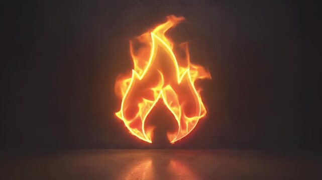 A stylized fire symbol ignites and burns intensely against a dark, textured concrete background. The minimalist flame outline initially glows with a vibrant neon-like light, then dynamically fills wit