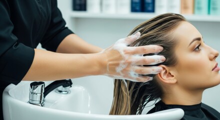 Woman receiving hair wash at salon with shampoo and foam