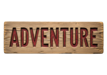 A wooden sign with the word ADVENTURE carved into it, isolated on transparent background