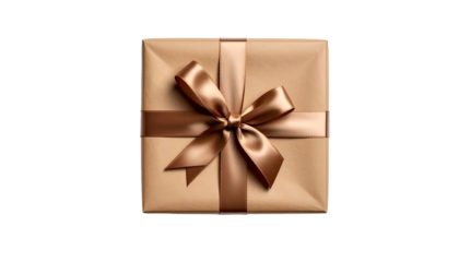 Overhead view of a square gift box with tan paper and a satin ribbon tied in a bow