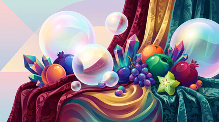 Lush fruit still life splashed with liquid paint and glossy bubbles, vibrant abstract composition of berries and citrus with flowing color waves