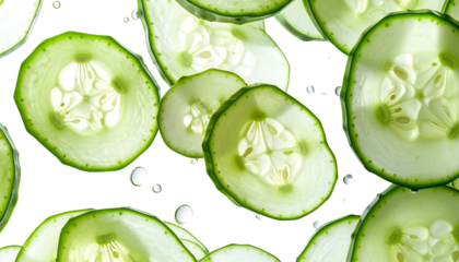 Close-up of translucent cucumber slices scattered on black with water droplets