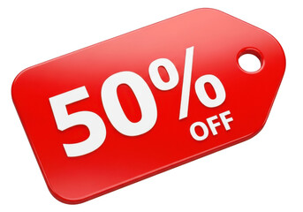 A red discount tag with 50 percent off isolated on transparent background