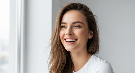 Young woman with long brown hair and white t-shirt, smiling, looking out a window with soft daylight
