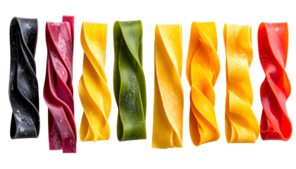 Close-up of seven colorful twisted pasta shapes arranged horizontally