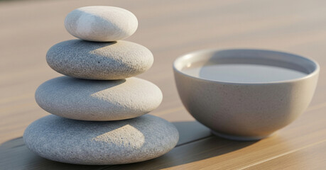 A perfectly balanced stack of five smooth light grey river stones rests beside a bowl of clear water.