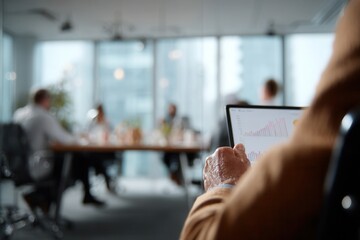 Business professional hands reviewing financial data on a digital tablet during an office meeting