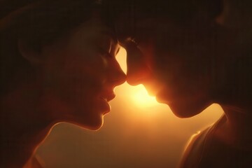 Lovers' silhouetted profiles touching, symbolizing strong connection and deep feeling