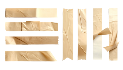 Set of torn, textured, adhesive tape strips, various shapes, on black background