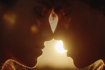 Close-up of loving couple's faces creating an intimate silhouette against the radiant sun