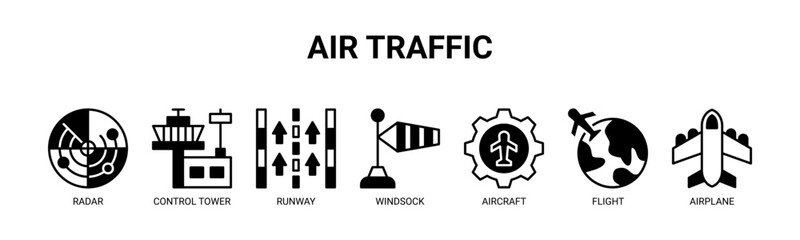 Air Traffic web banner icon vector illustration concept for air traffic control with icon of radar, control tower, runway, windsock, aircraft, flight, airplane.