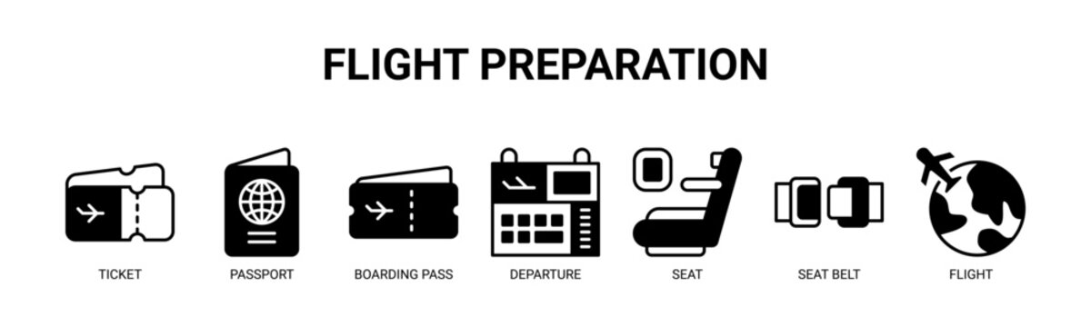 Flight Preparation web banner icon vector illustration concept for pre-flight passenger process with icon of ticket, passport, boarding pass, departure, seat, seat belt, flight.