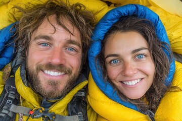 Couple smiling at camera, wearing bright yellow and blue outdoor clothing, promoting adventure and warmth