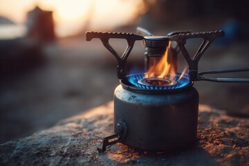 Portable camping stove with a blue and orange flame providing light and warmth outdoors
