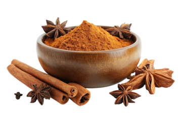 Seasonal pumpkin spice mix ingredient served in a bowl on white backdrop isolated on transparent background
