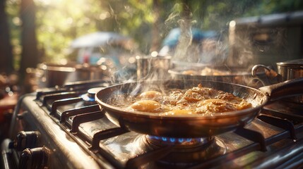 Frying eggs and bacon on a portable gas stove during an outdoor camping trip