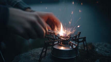 Person's hands lighting a compact gas stove, creating sparks and a flame in an outdoor setting