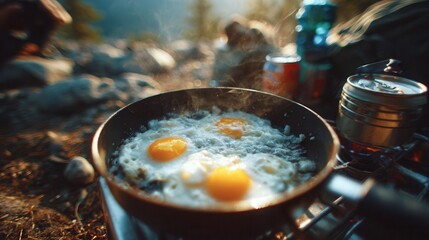 Cooking a simple breakfast meal on a portable stove in a natural outdoor setting