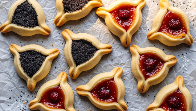 Top view of traditional Hamantaschen cookies for the Jewish holiday of Purim. Homemade pastries with poppy seed and raspberry jam fillings. Festive food background flat lay
