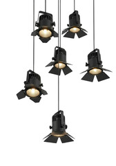 Six modern stage lights hanging from the ceiling isolated on transparent background