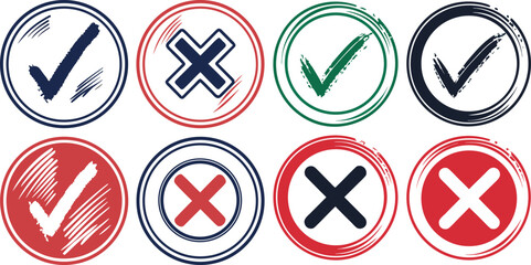 Distressed checkmark and cross icons in a grunge brush stroke style collection 