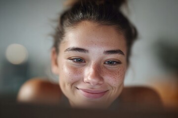 Young woman gently smiling with a focused expression, showcasing natural beauty and freckles